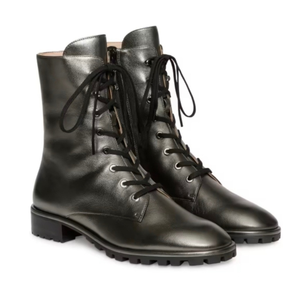 New! Stuart Weitzman Laine Metallic Leather Combat Boots Silver Gray Sz 6.5